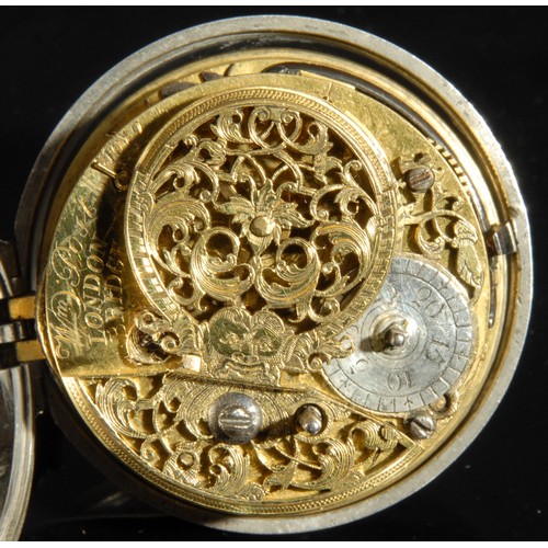 1277 - An 18th century silver pair case pocket watch, by William Post, London Bridge, 4cm silver dial chase... 