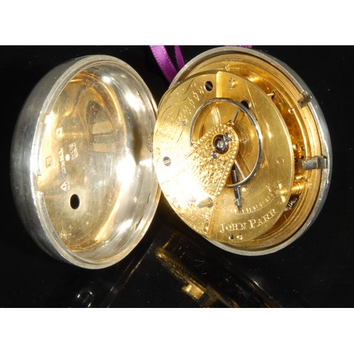 1273 - A silver pair case pocket watch, by John Parr, Liverpool, 4.5cm dial inscribed with Roman numerals, ... 