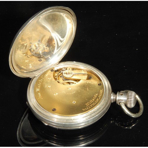 1271 - A silver open face pocket watch, by the American Watch Co., Hillside, Waltham, 4cm white dial inscri... 