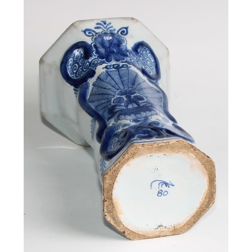 290 - A Delftware five piece garniture, boldly decorated in underglaze blue, the largest 36cm high (5)