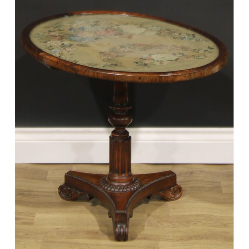 2618 - A William IV rosewood and mahogany low occasional table, oval top with glazed needlework panel, turn... 