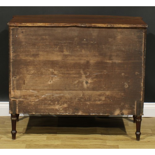 2357 - A Regency mahogany bowfront chest, slightly oversailing top above three long graduated cockbeaded dr... 