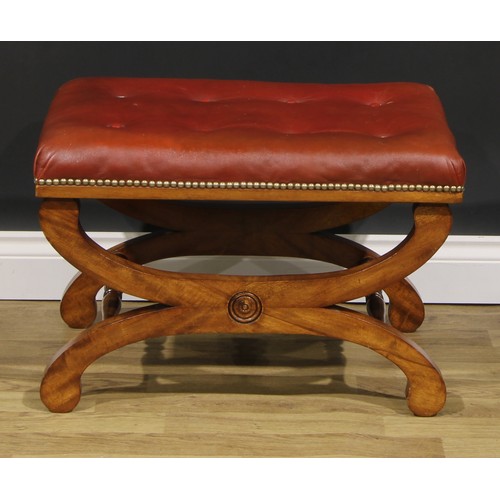 2541 - A pair of William IV style mahogany X-frame stools, stuffed-over seats with studded borders, 42cm hi... 