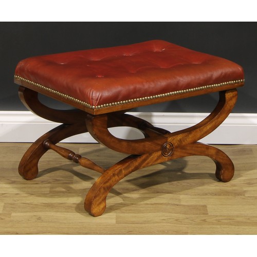 2541 - A pair of William IV style mahogany X-frame stools, stuffed-over seats with studded borders, 42cm hi... 