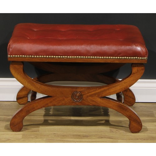 2541 - A pair of William IV style mahogany X-frame stools, stuffed-over seats with studded borders, 42cm hi... 