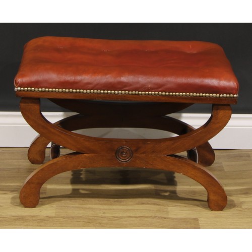 2541 - A pair of William IV style mahogany X-frame stools, stuffed-over seats with studded borders, 42cm hi... 