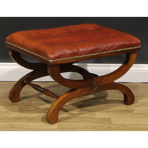 2541 - A pair of William IV style mahogany X-frame stools, stuffed-over seats with studded borders, 42cm hi... 