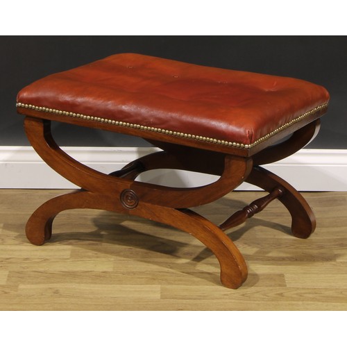 2541 - A pair of William IV style mahogany X-frame stools, stuffed-over seats with studded borders, 42cm hi... 