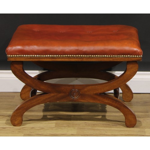 2541 - A pair of William IV style mahogany X-frame stools, stuffed-over seats with studded borders, 42cm hi... 