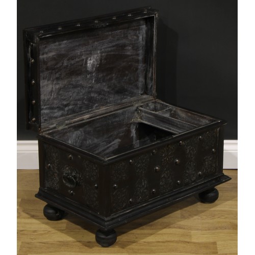 1780 - A Colonial metal mounted hardwood chest, of small proportions, hinged top, carry handles to sides, t... 