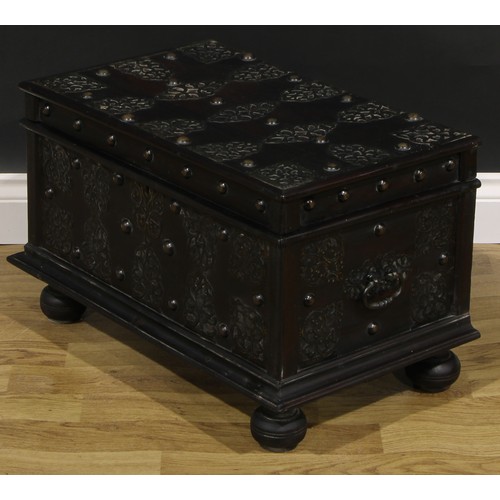 1780 - A Colonial metal mounted hardwood chest, of small proportions, hinged top, carry handles to sides, t... 