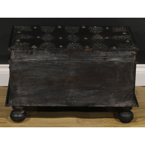 1780 - A Colonial metal mounted hardwood chest, of small proportions, hinged top, carry handles to sides, t... 