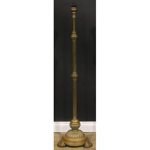 2716 - Interior Design - a brass floor lamp, reeded-effect column, stepped circular base stamped HINKS, kid... 