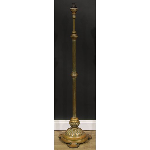 2716 - Interior Design - a brass floor lamp, reeded-effect column, stepped circular base stamped HINKS, kid... 