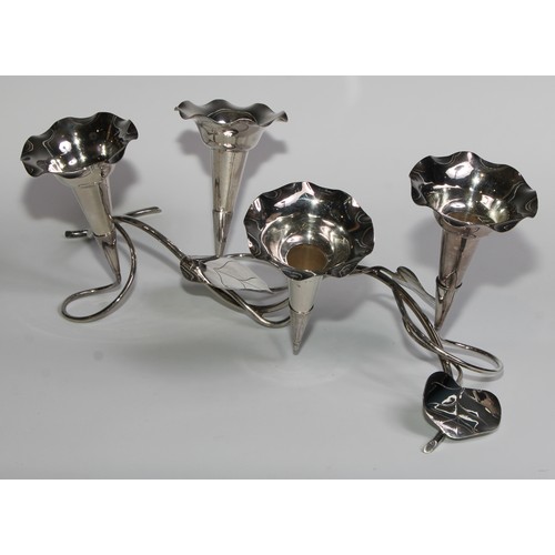 842 - An early 20th century E.P.N.S table centre epergne, as a branch of leafy tendrils, wavy trumpet shap... 