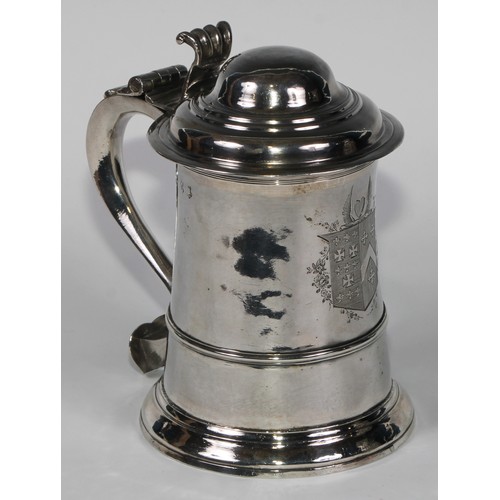 906 - A George II silver tankard, hinged domed cover with scroll  thumbpiece, three-quarter girdle, scroll... 