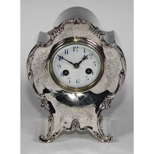 1161 - An Edwardian silver cartouche shaped mantel clock, 7.5cm circular enamel dial inscribed with Arabic ... 