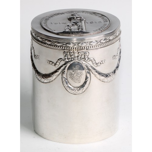 1146 - An early 20th century German silver cylindrical box or caddy, hinged cover embossed with a memorial,... 