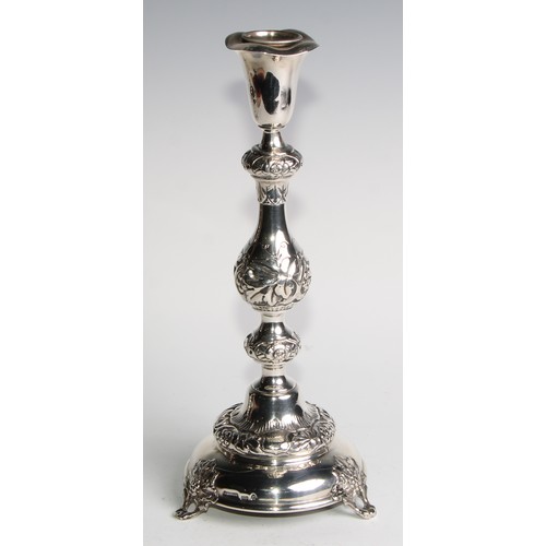 1216 - Judaica - a pair of Russian Empire silver Jewish Sabbath candlesticks, knopped pillars, domed circul... 