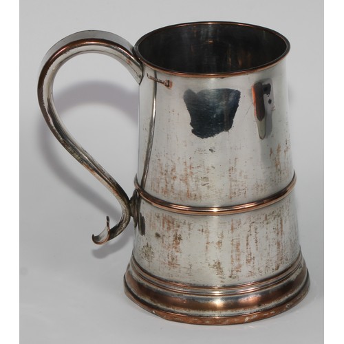 809 - A George III Old Sheffield plate mug, three-quarter girdle, scroll handle with heart shaped terminal... 