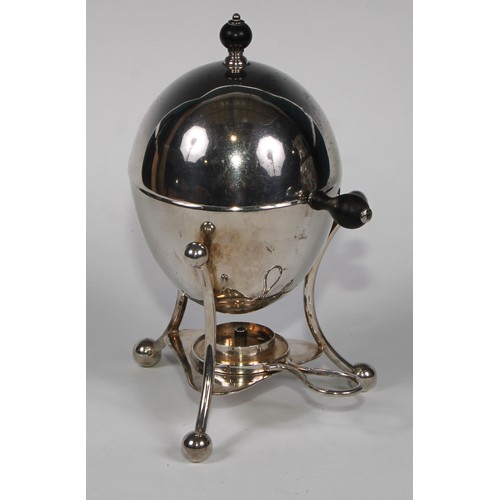 835 - A Victorian E.P.N.S ovoid egg boiler, in the manner of Christopher Dresser, domed cover enclosing a ... 