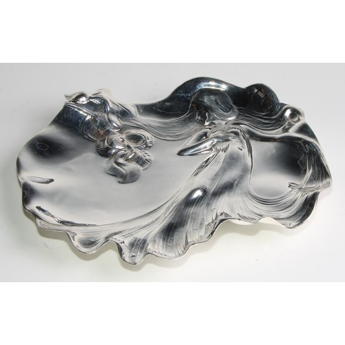 840 - An Art Nouveau style silver plated dish, embossed with a lady in flowing dress, her hair blown in si... 