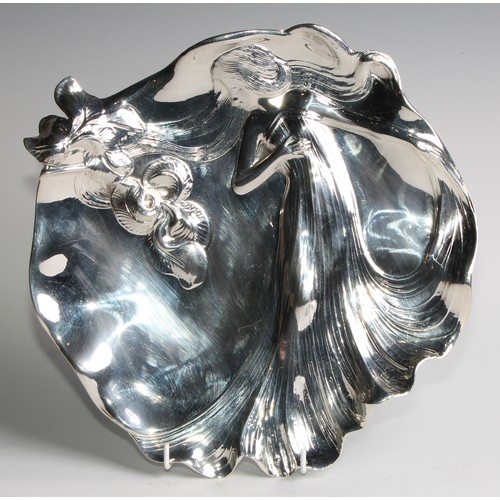 840 - An Art Nouveau style silver plated dish, embossed with a lady in flowing dress, her hair blown in si... 