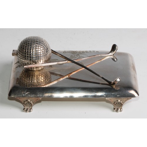 848 - Golf - an early 20th century E.P.N.S novelty inkstand, as a golf ball and clubs, rounded rectangular... 