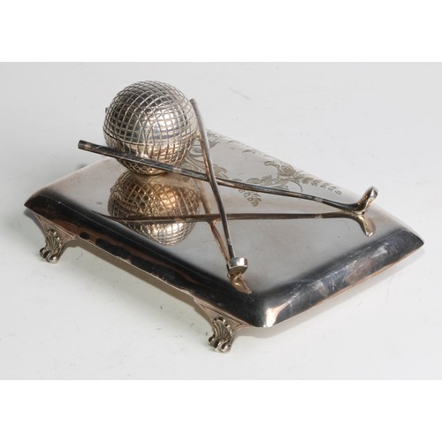 848 - Golf - an early 20th century E.P.N.S novelty inkstand, as a golf ball and clubs, rounded rectangular... 