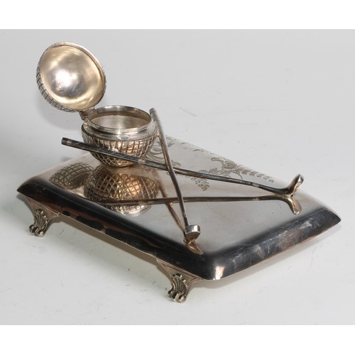 848 - Golf - an early 20th century E.P.N.S novelty inkstand, as a golf ball and clubs, rounded rectangular... 