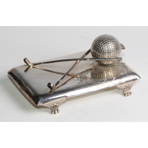 848 - Golf - an early 20th century E.P.N.S novelty inkstand, as a golf ball and clubs, rounded rectangular... 