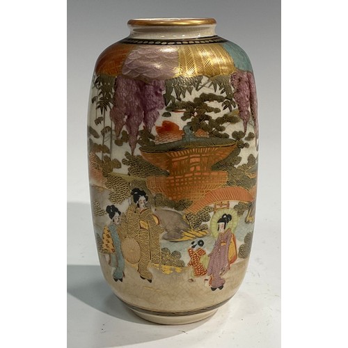 435 - A Japanese Satsuma hexangular vase, decorated with figures in a pagoda landscape, character marks to... 