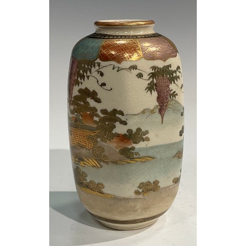 435 - A Japanese Satsuma hexangular vase, decorated with figures in a pagoda landscape, character marks to... 