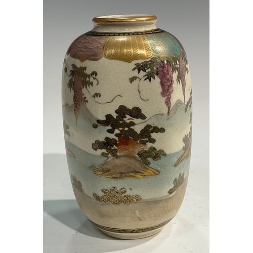 435 - A Japanese Satsuma hexangular vase, decorated with figures in a pagoda landscape, character marks to... 