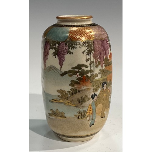 435 - A Japanese Satsuma hexangular vase, decorated with figures in a pagoda landscape, character marks to... 