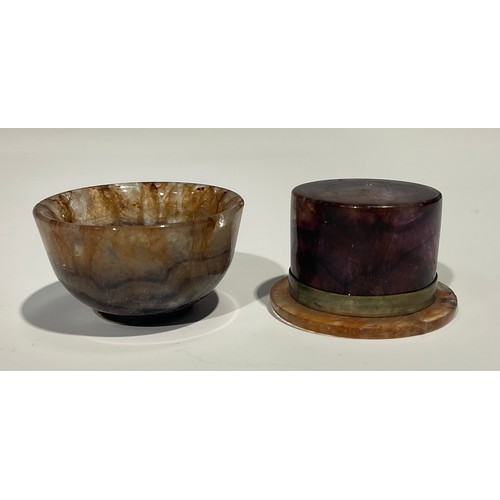 2269 - A Victorian Derbyshire Blue John miniature bowl, 3.5cm diameter; a Blue John patch box, as a top hat... 