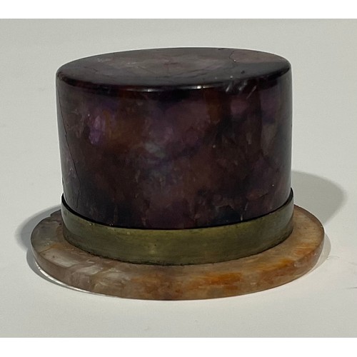 2269 - A Victorian Derbyshire Blue John miniature bowl, 3.5cm diameter; a Blue John patch box, as a top hat... 