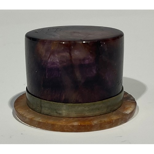 2269 - A Victorian Derbyshire Blue John miniature bowl, 3.5cm diameter; a Blue John patch box, as a top hat... 