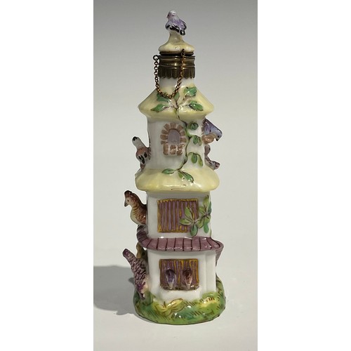 2271 - An 18th century Continental porcelain scent bottle, painted with flowers, reticulated gilt metal cov... 