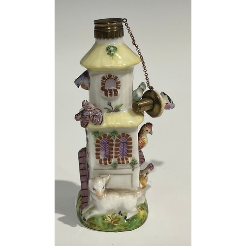 2271 - An 18th century Continental porcelain scent bottle, painted with flowers, reticulated gilt metal cov... 