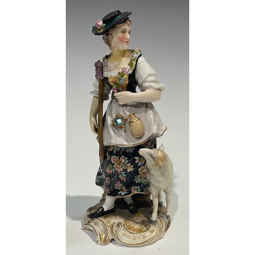 295 - A Meissen figure, of a musician, he sits playing the lute wearing long floral yellow coat, blue cros... 