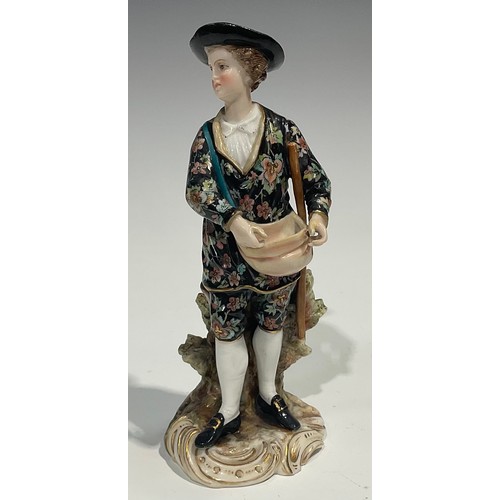 295 - A Meissen figure, of a musician, he sits playing the lute wearing long floral yellow coat, blue cros... 