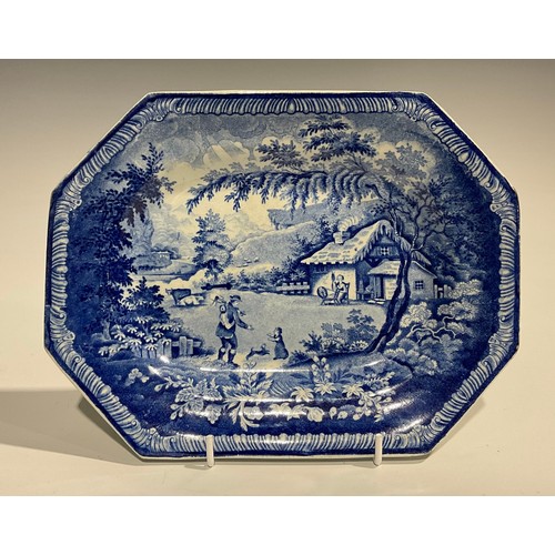 90 - A Brameld Rockingham canted rectangular plate, transfer printed in blue and white with Returning Woo... 