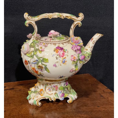 167 - A Coalbrookdale teapot and stand, painted with flowers and insects and profusely encrusted with flow... 