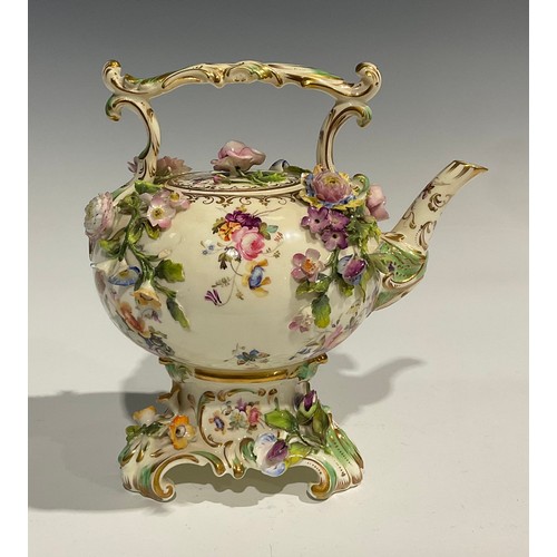 167 - A Coalbrookdale teapot and stand, painted with flowers and insects and profusely encrusted with flow... 