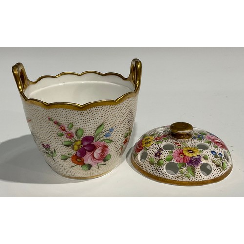 129 - A near pair of 19th century Spode violeteers or pot pourri vases and covers, painted with flowers on... 