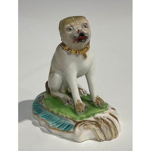 121 - A Derby porcelain model, of a pug, with studded collar, sitting on a shaped oval scroll base, incise... 