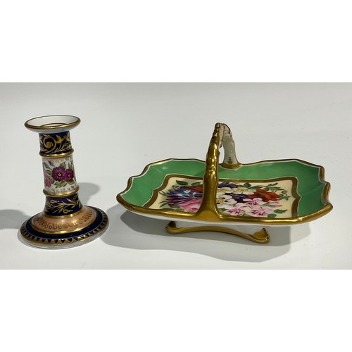 116 - A Charles Bourne miniature candlestick, the column painted with flowers, cobalt blue borders, applie... 