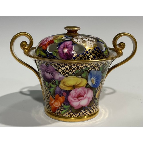 150 - A Spode flared cylindrical violeteer or pot pourri vase and cover, finely painted in coloured enamel... 