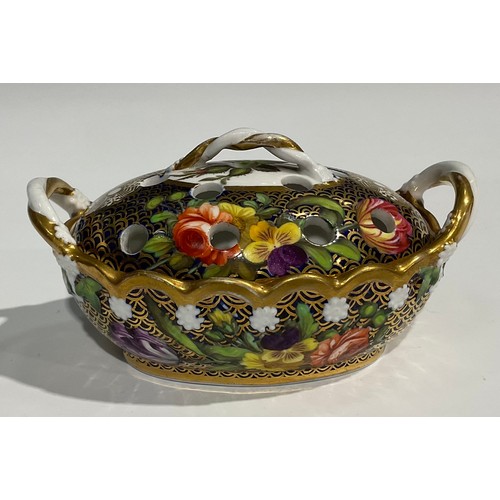 147 - A Spode basket shaped violeteer or pot pourri vase and cover, finely painted in coloured enamels wit... 